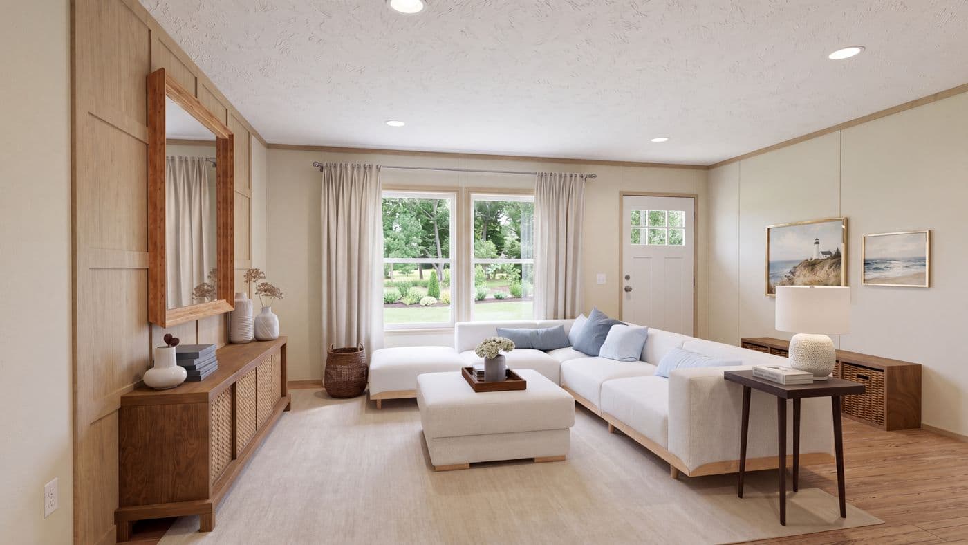 The BOONE Living Room. This Manufactured Mobile Home features 4 bedrooms and 2 baths.