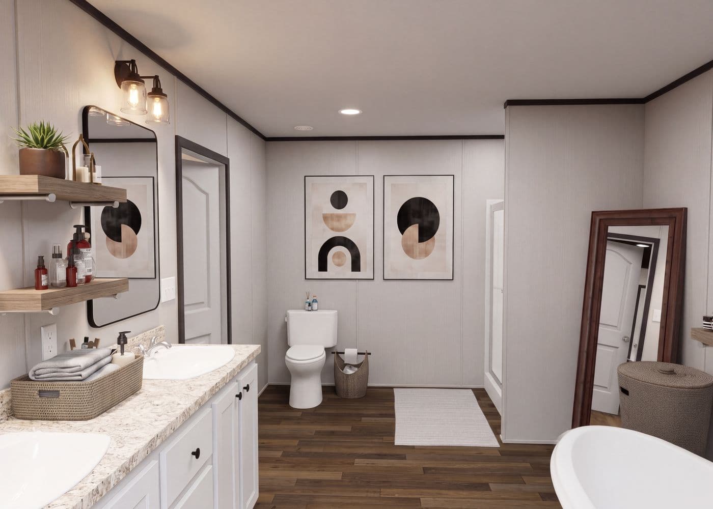 The THE FUSION 32H Primary Bathroom. This Manufactured Mobile Home features 5 bedrooms and 3 baths.