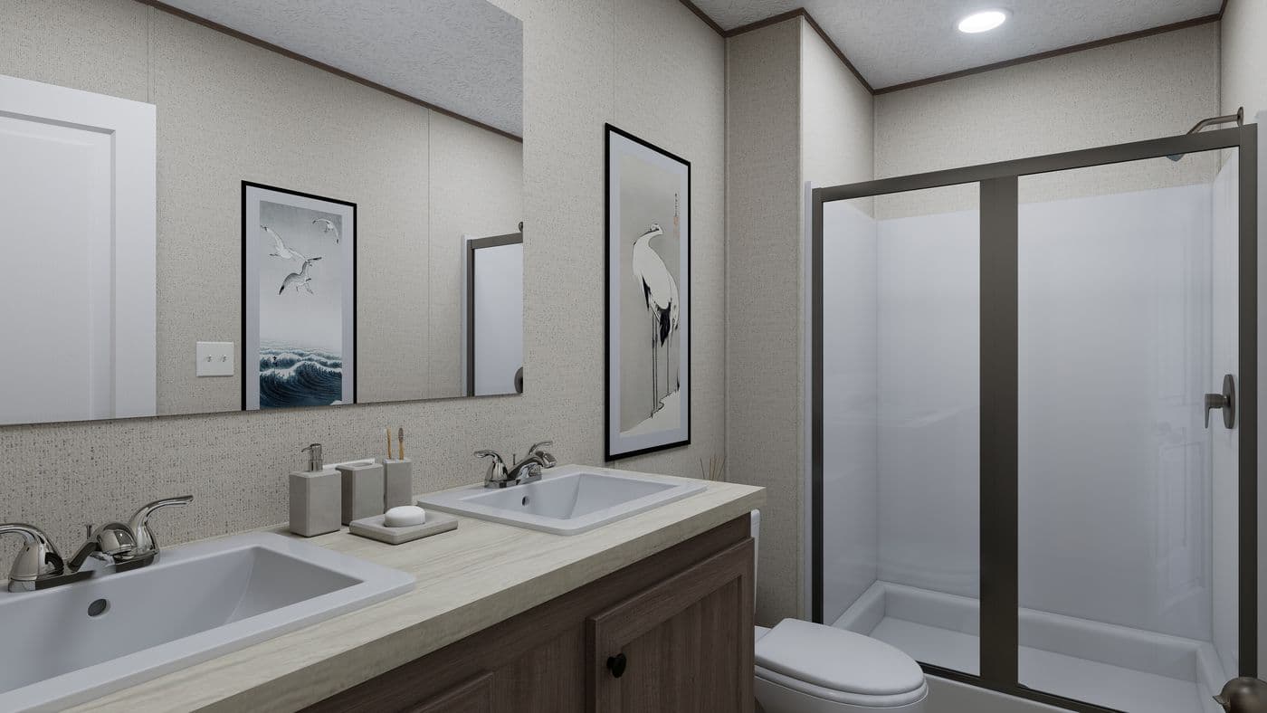 The FOOTHILLS 56 Primary Bathroom. This Manufactured Mobile Home features 2 bedrooms and 2 baths.