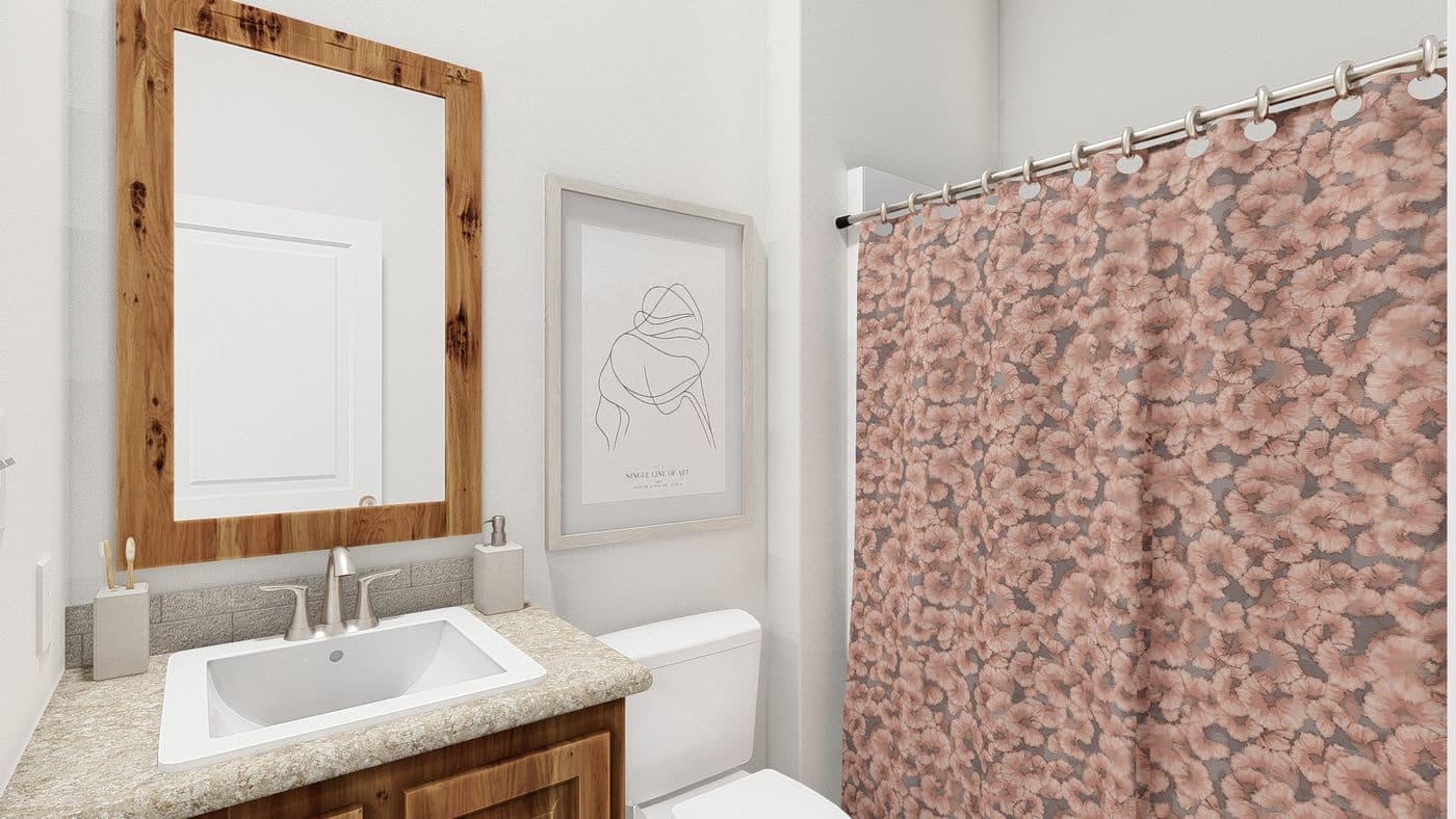The QL604K CLAYTON Guest Bathroom. This Manufactured Mobile Home features 4 bedrooms and 2 baths.