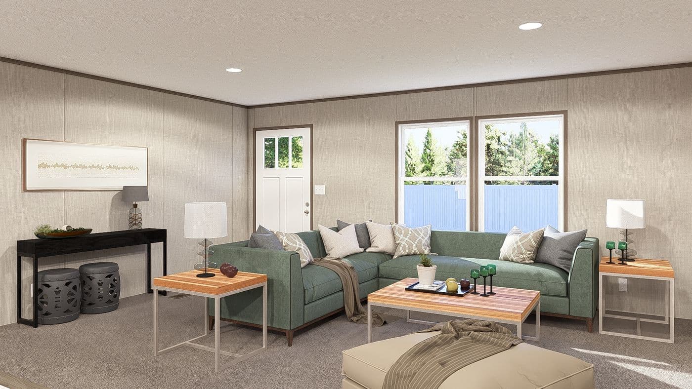 The LEGEND 28X56 3 BR Living Room. This Manufactured Mobile Home features 3 bedrooms and 2 baths.