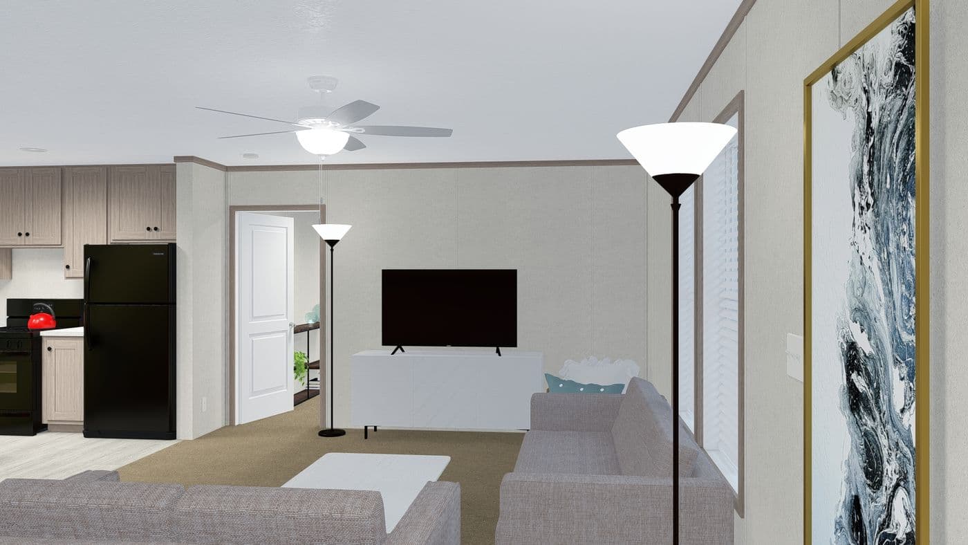 The 6028-E788 THE PULSE Living Room. This Manufactured Mobile Home features 4 bedrooms and 2 baths.