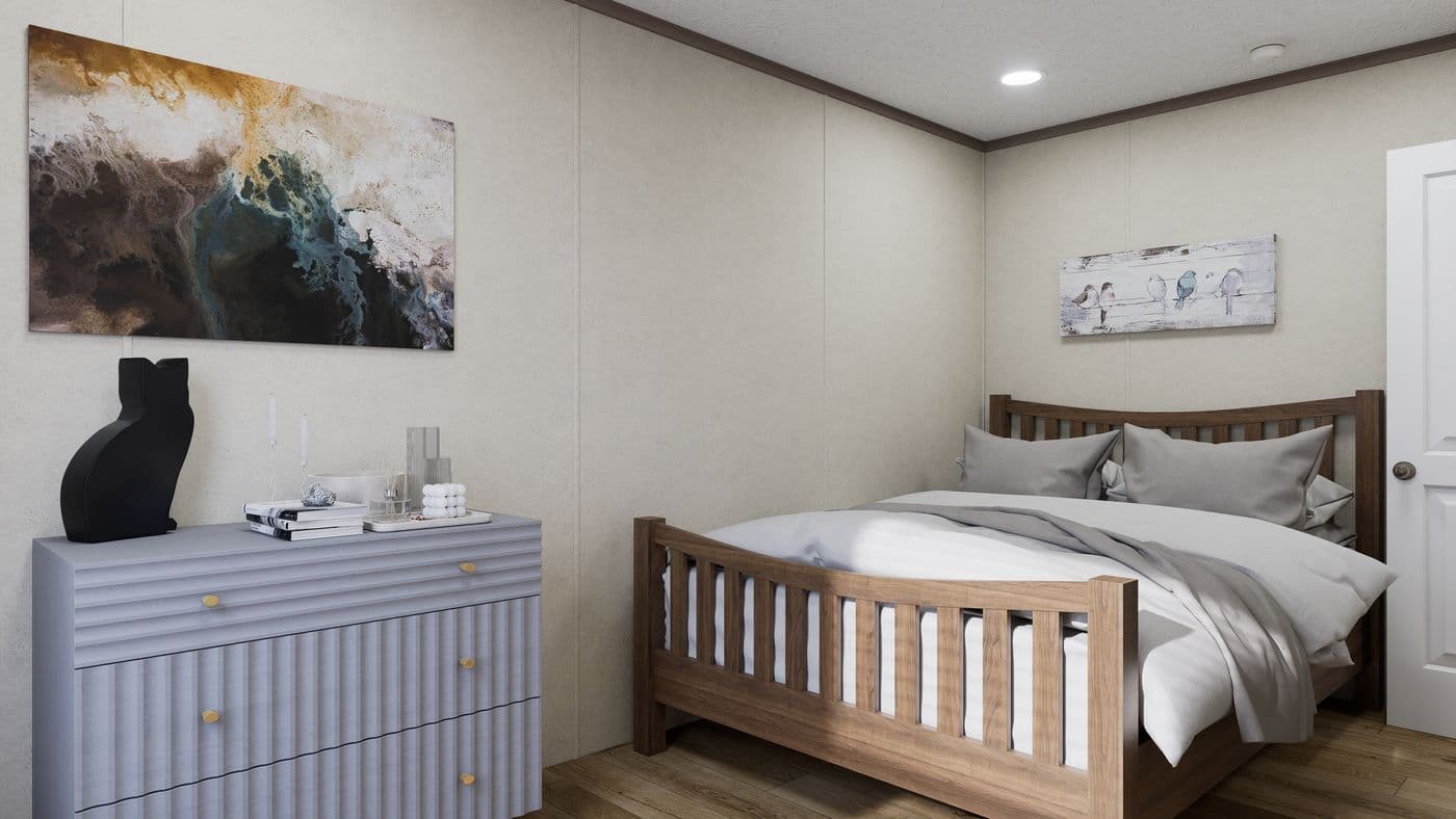 The 4816-CC05 OASIS 48 Primary Bedroom. This Manufactured Mobile Home features 2 bedrooms and 1 bath.