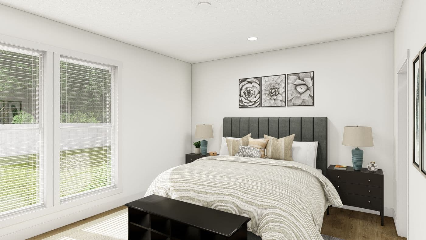 The HRR-2860-4C           ZEPPELIN Primary Bedroom. This Manufactured Mobile Home features 4 bedrooms and 2 baths.