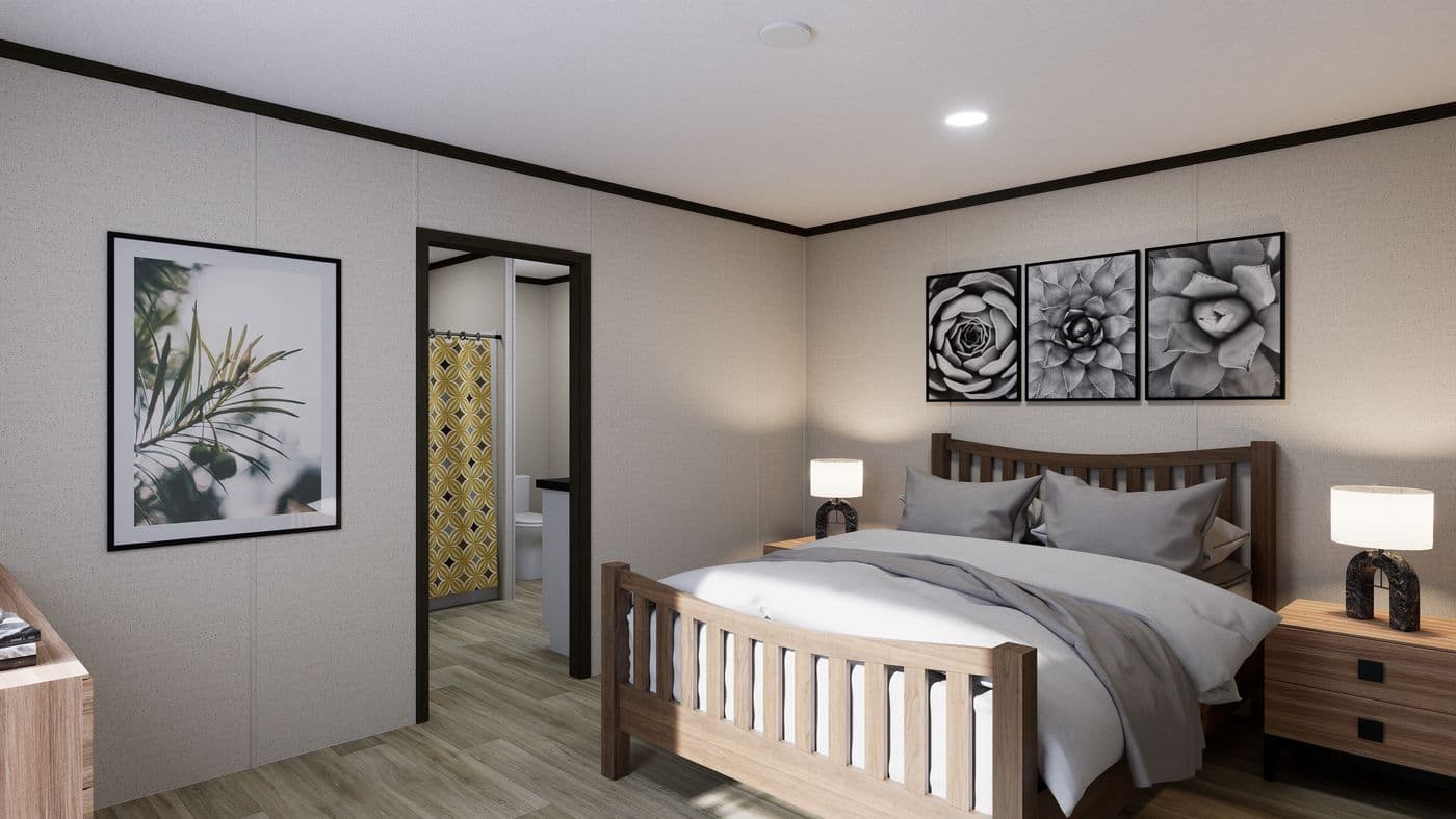 The RALLY Primary Bedroom. This Manufactured Mobile Home features 3 bedrooms and 2 baths.