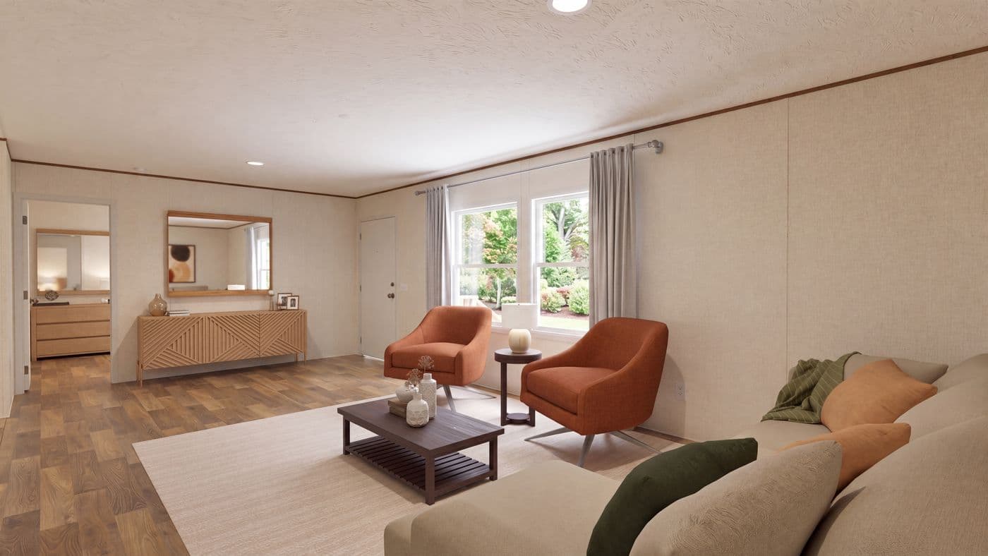 The SPRUCE Living Room. This Manufactured Mobile Home features 3 bedrooms and 2 baths.