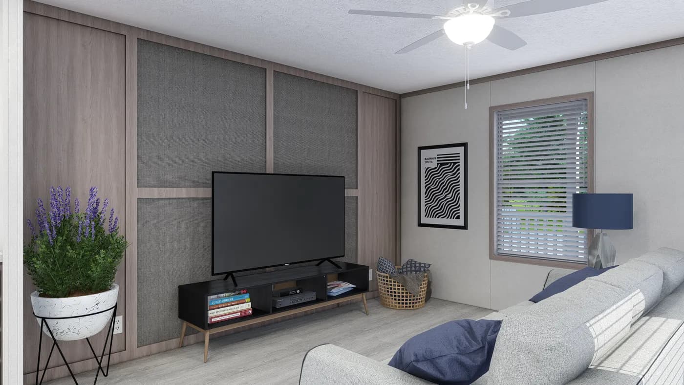 The 6616-4772P THE PULSE Living Room. This Manufactured Mobile Home features 2 bedrooms and 2 baths.