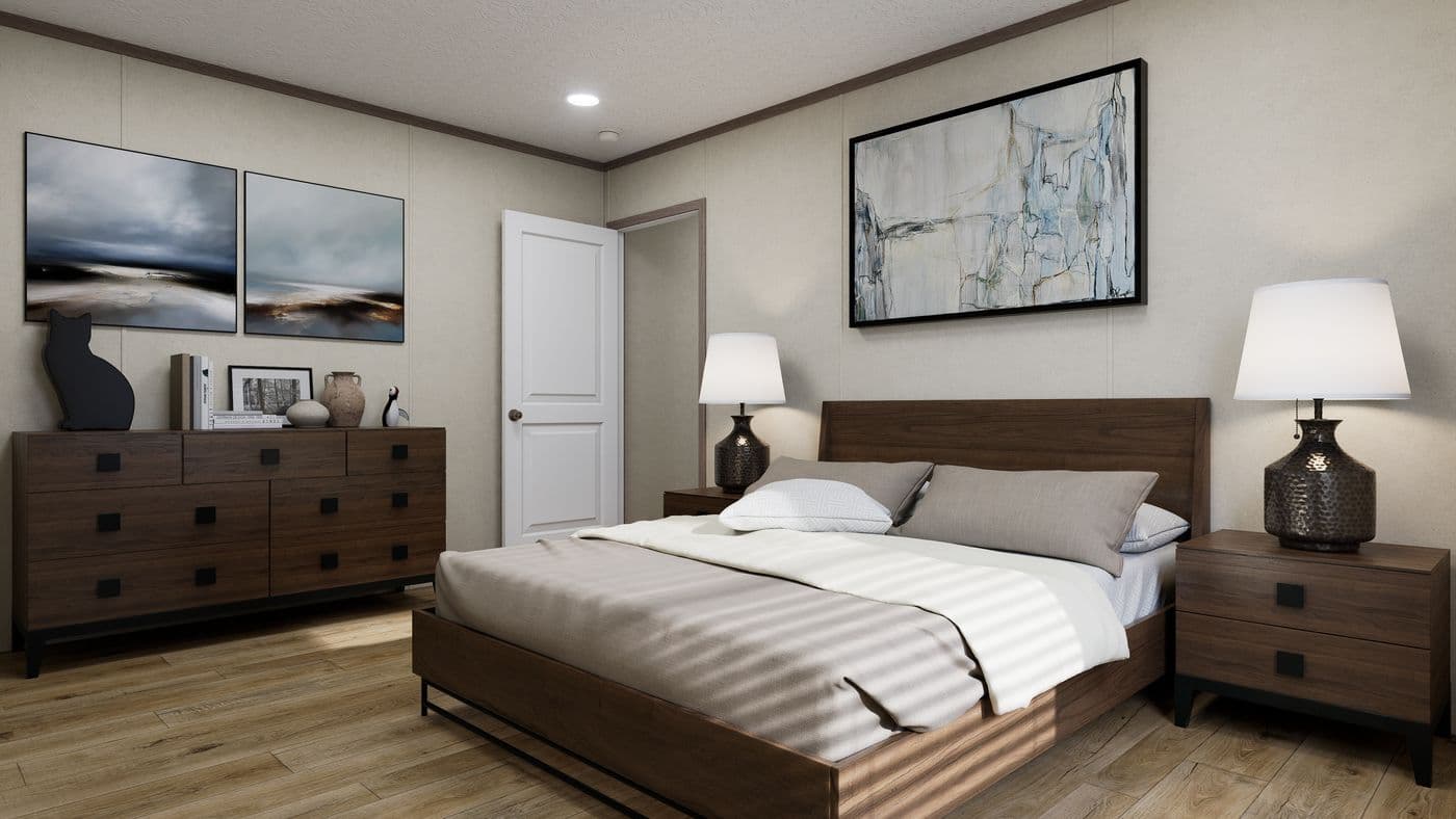 The 7216-CC01 CORNERSTONE 72 Primary Bedroom. This Manufactured Mobile Home features 3 bedrooms and 2 baths.