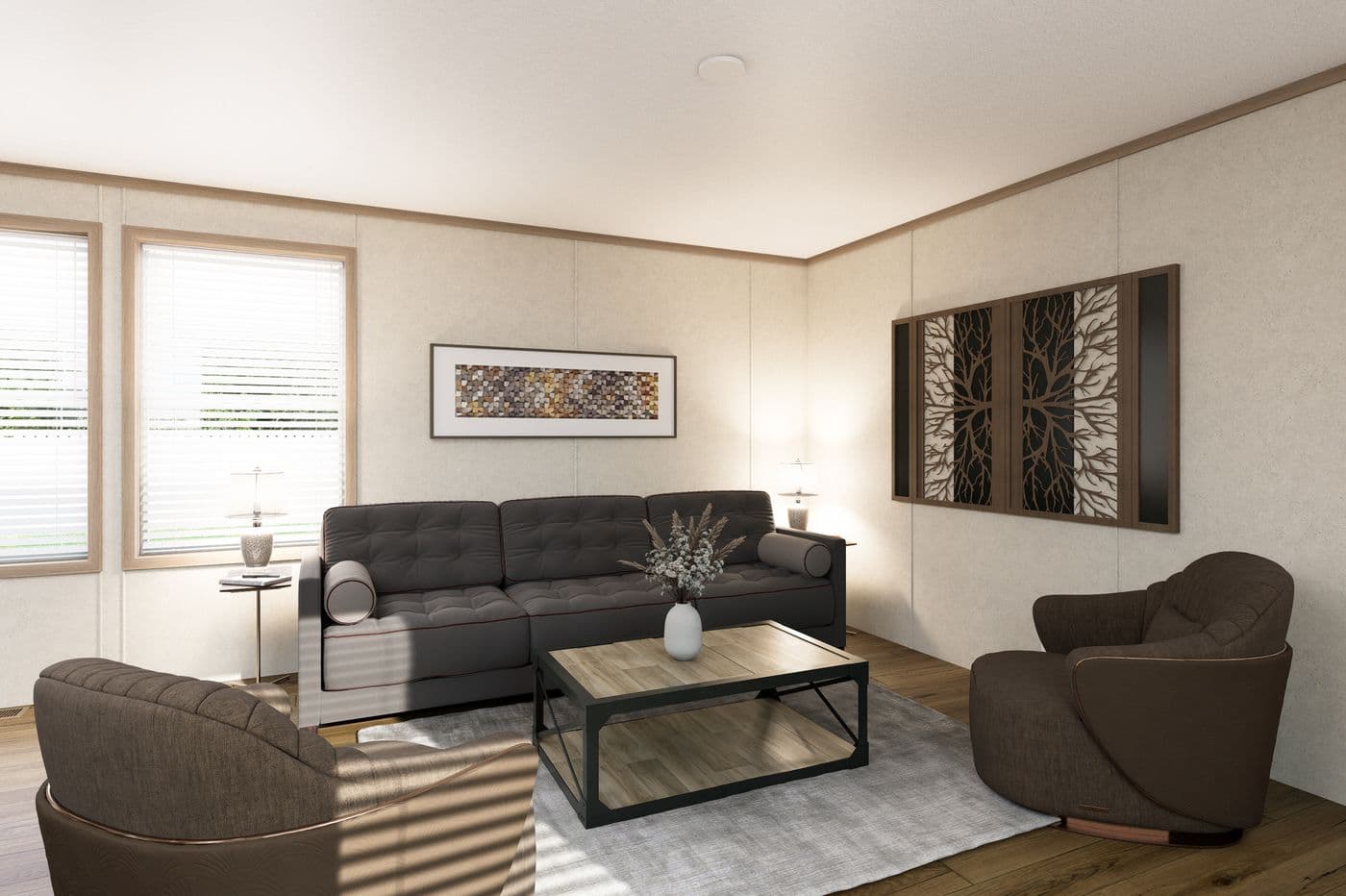 The 6616-CC01 CORNERSTONE 66 Living Room. This Manufactured Mobile Home features 3 bedrooms and 2 baths.