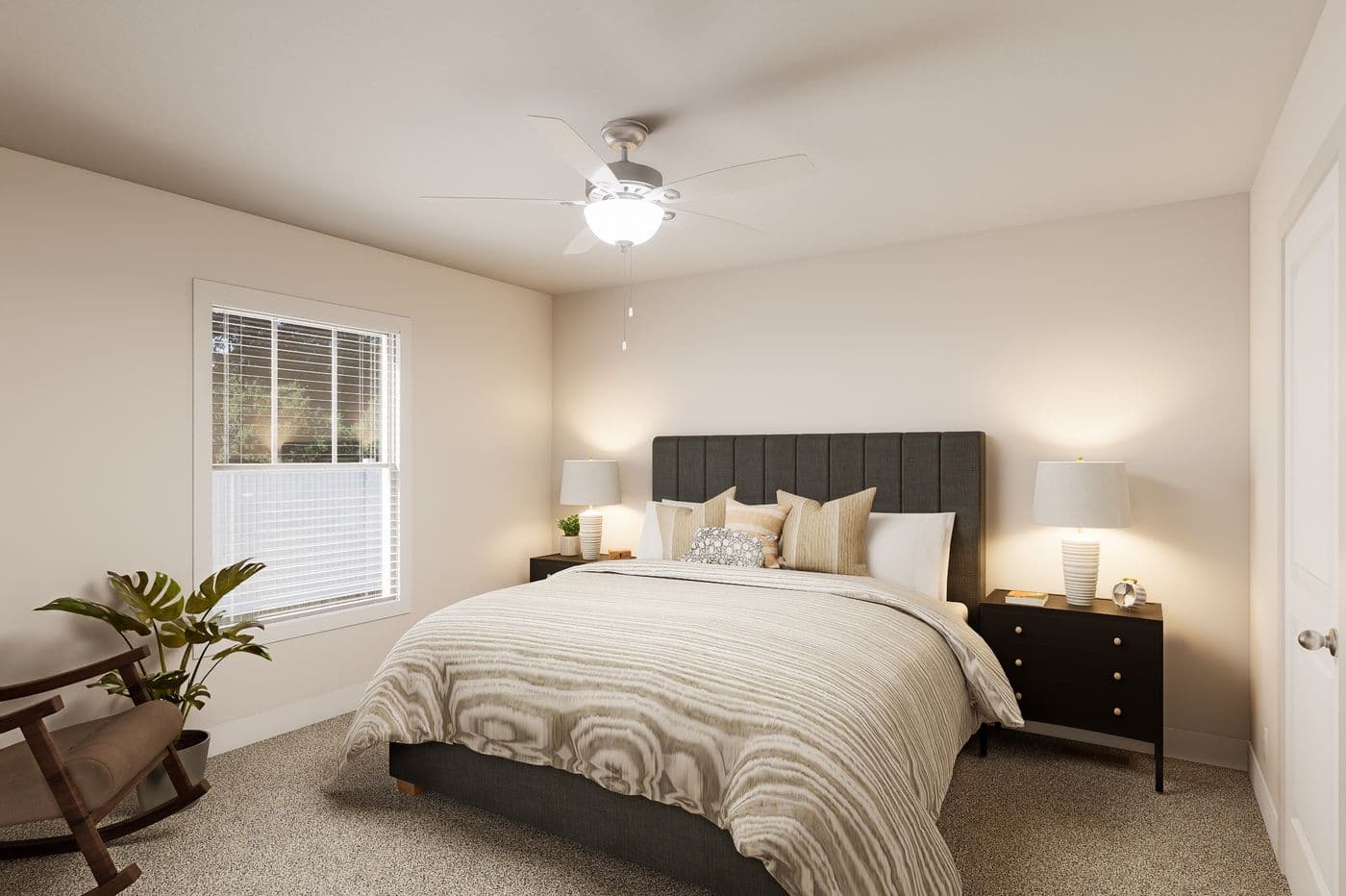 The 5628-MS068 CARMEL Primary Bedroom. This Manufactured Mobile Home features 3 bedrooms and 2 baths.
