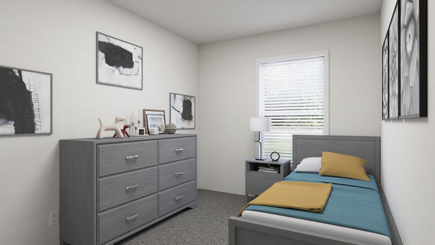 The SLE 561F Bedroom. This Manufactured Mobile Home features 3 bedrooms and 2 baths.