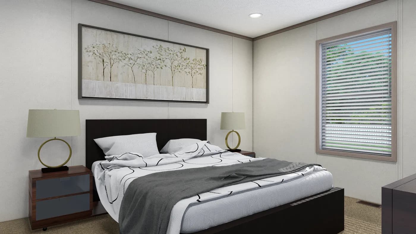 The 4028-E751 THE PULSE Primary Bedroom. This Manufactured Mobile Home features 3 bedrooms and 2 baths.