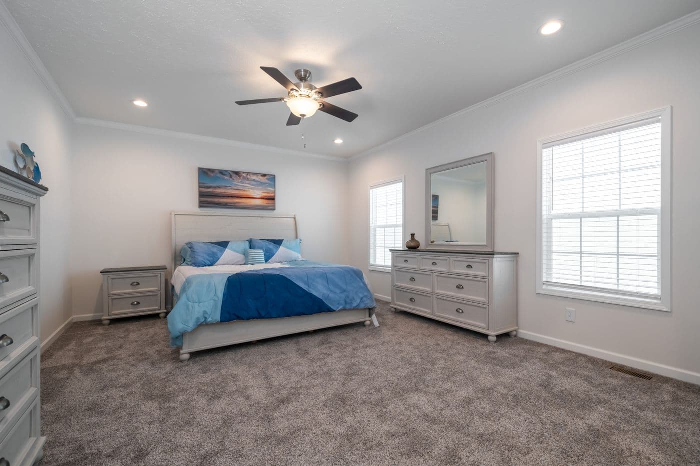 The 3458 MOD 76X32 CAROLINA RAELYN Primary Bedroom. This Modular Home features 4 bedrooms and 3 baths.