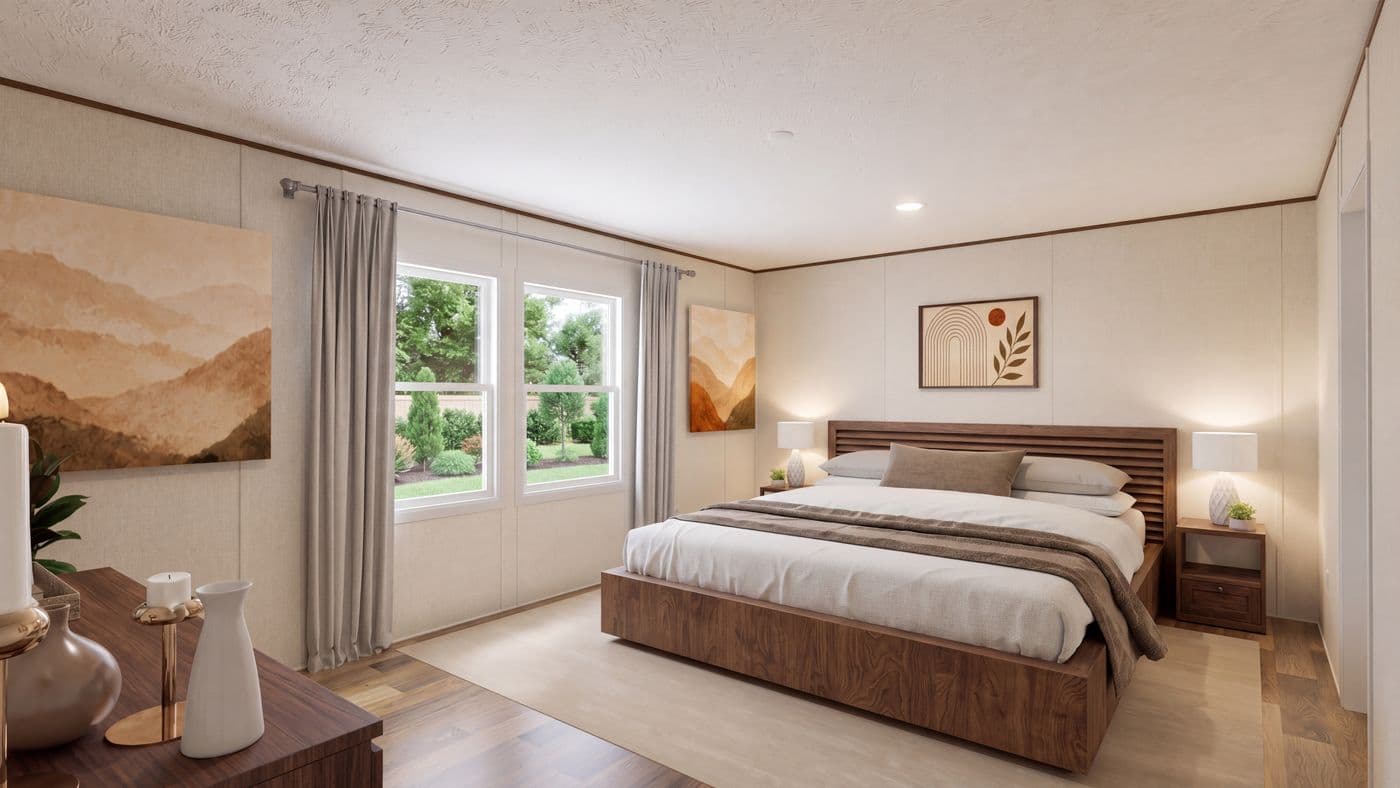 The SPRUCE Primary Bedroom. This Manufactured Mobile Home features 3 bedrooms and 2 baths.