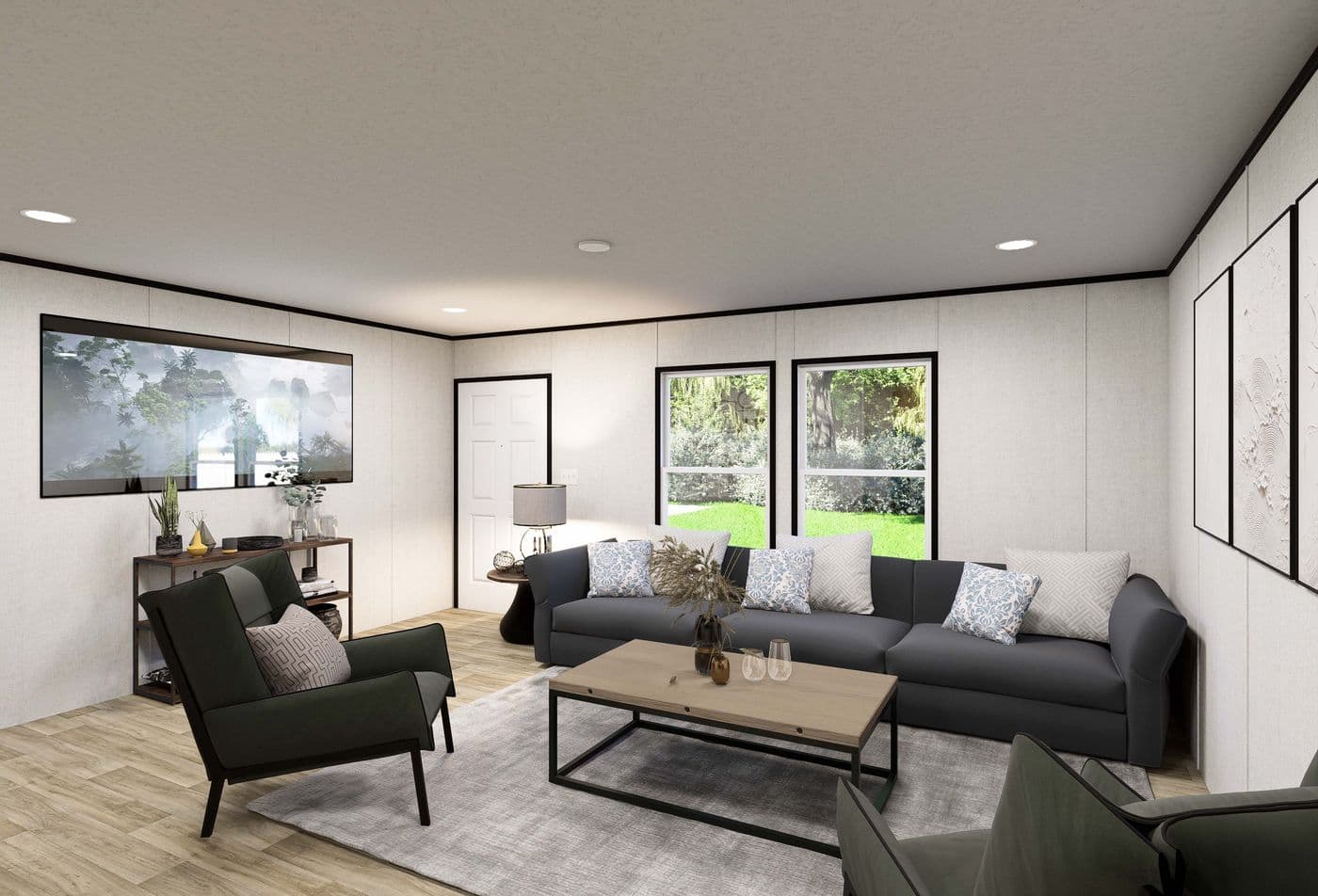 The HORIZON DAWN Living Room. This Manufactured Mobile Home features 3 bedrooms and 2 baths.