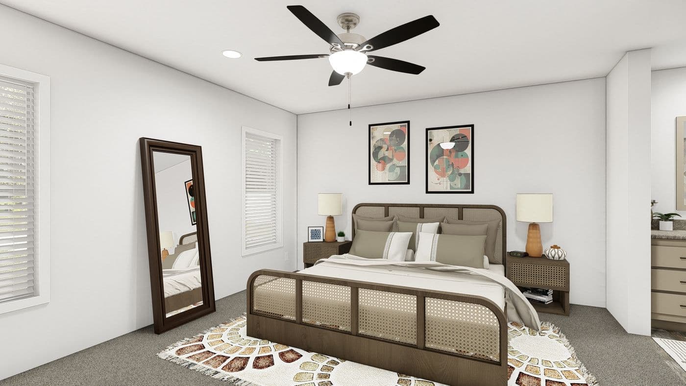 The DRM482F 48'              DREAM Primary Bedroom. This Manufactured Mobile Home features 3 bedrooms and 2 baths.