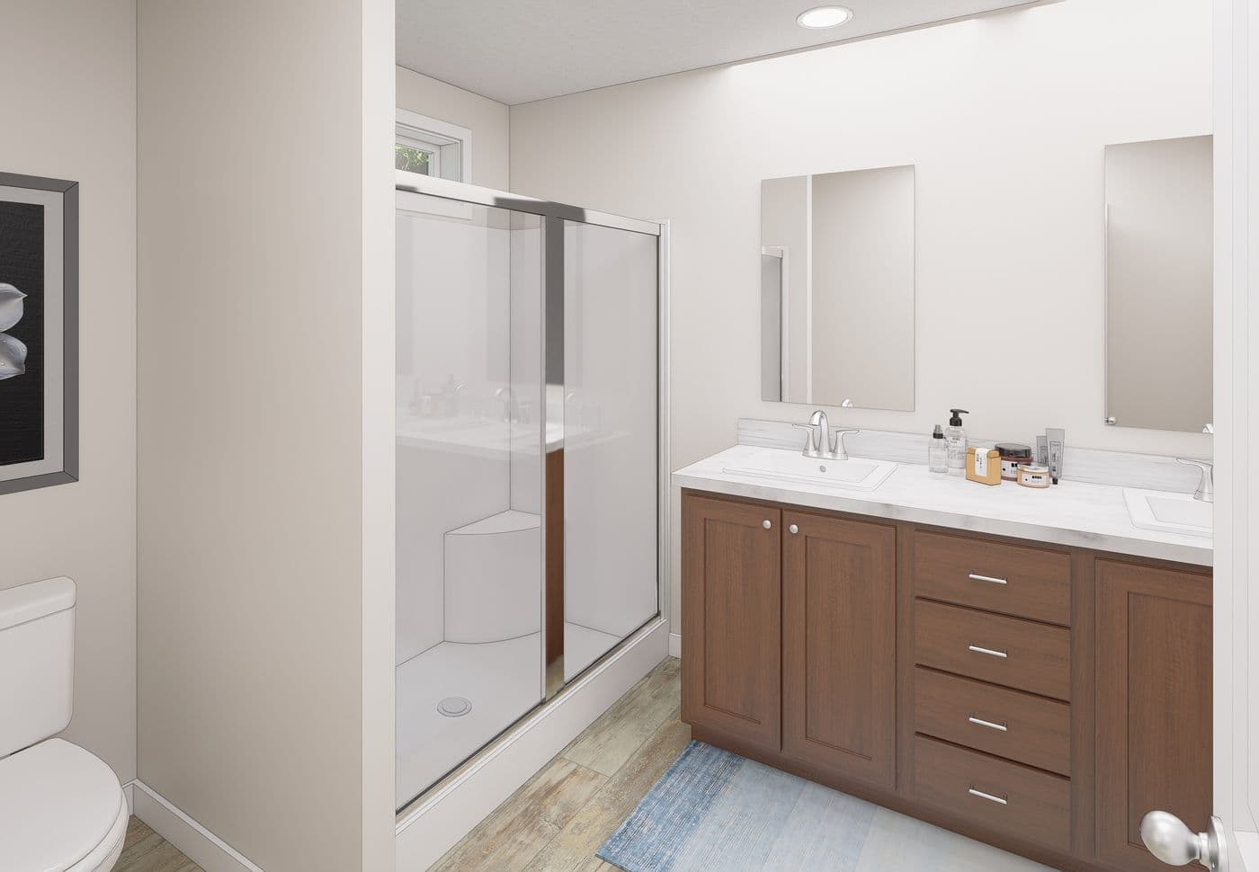 The 5019 IMAGINE Primary Bathroom. This Manufactured Mobile Home features 3 bedrooms and 2 baths.