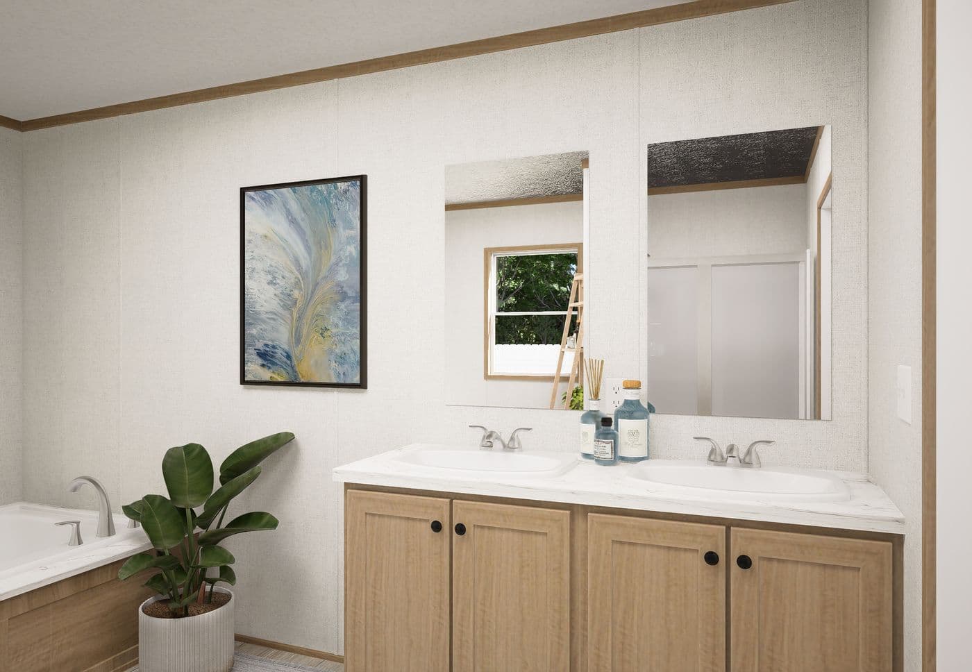 The THE MOUNTAINEER 68 Primary Bathroom. This Manufactured Mobile Home features 4 bedrooms and 2 baths.
