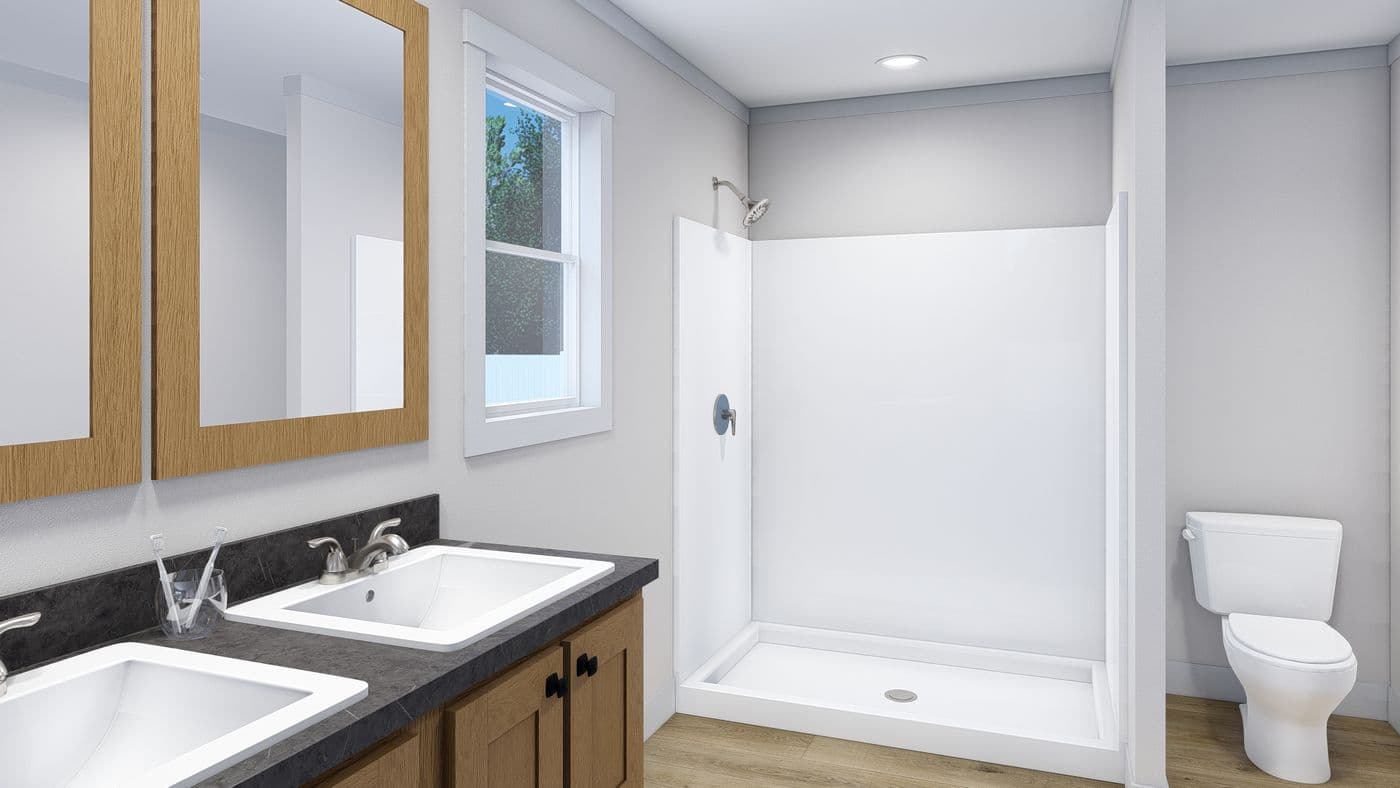 The SUPERFLY Primary Bathroom. This Modular Home features 5 bedrooms and 2 baths.