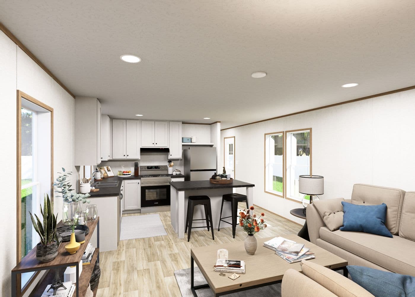 The HORIZON BEACON 16663A Living Room. This Manufactured Mobile Home features 3 bedrooms and 2 baths.