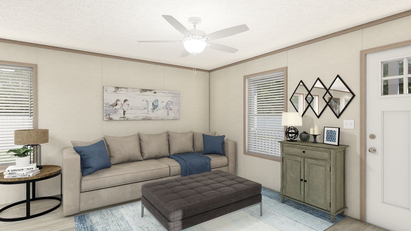 The 7616-4773P THE PULSE Living Room. This Manufactured Mobile Home features 3 bedrooms and 2 baths.