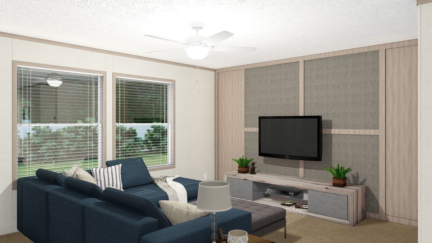 The 4428-E781 THE PULSE Living Room. This Manufactured Mobile Home features 3 bedrooms and 2 baths.
