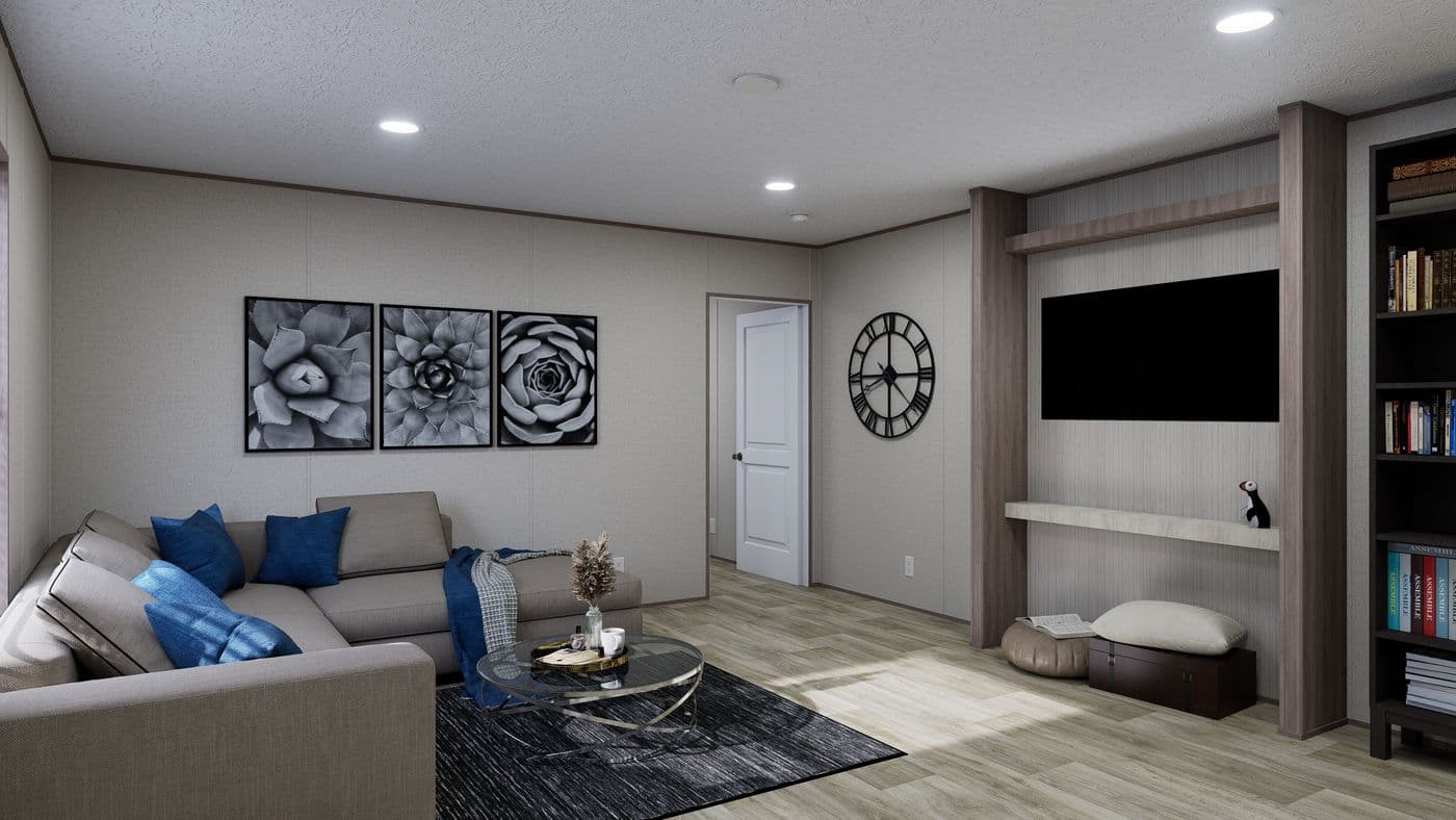 The FOOTHILLS 76 Living Room. This Manufactured Mobile Home features 3 bedrooms and 2 baths.