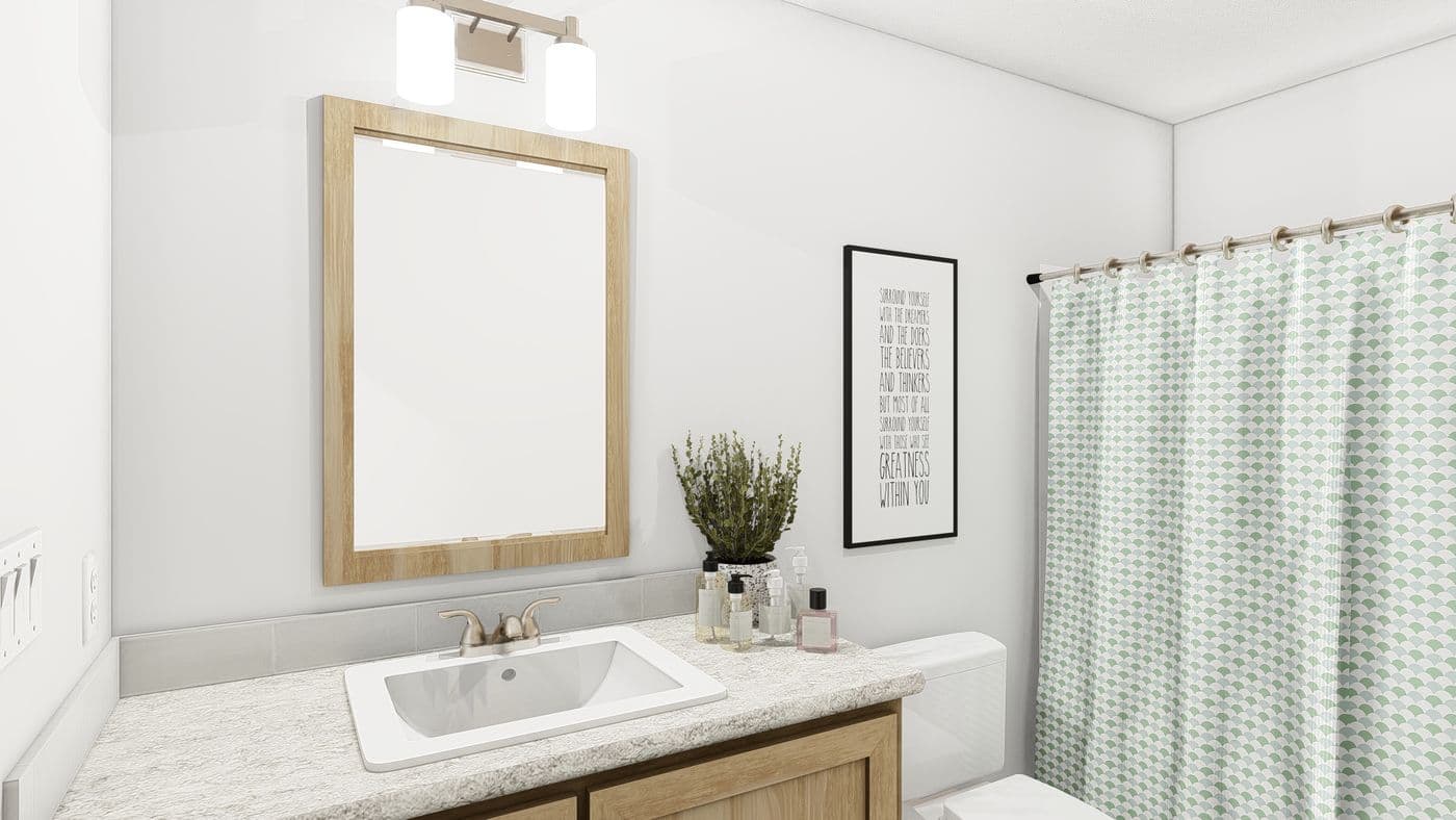The LEGACY 377 Guest Bathroom. This Manufactured Mobile Home features 3 bedrooms and 2 baths.