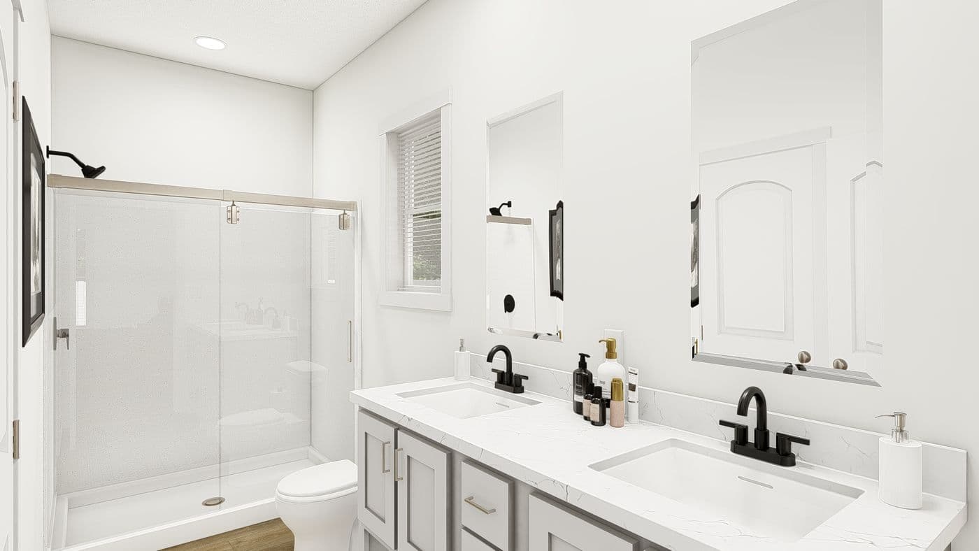 The HRR 2856-3E          LIGHTFOOT Primary Bathroom. This Manufactured Mobile Home features 3 bedrooms and 2 baths.