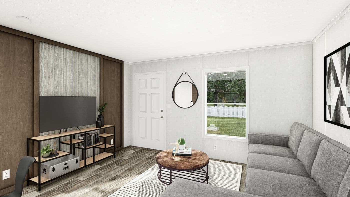 The PERIDOT 56 Living Room. This Manufactured Mobile Home features 2 bedrooms and 2 baths.