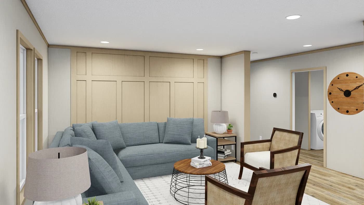 The RICHMOND Living Room. This Manufactured Mobile Home features 3 bedrooms and 2 baths.