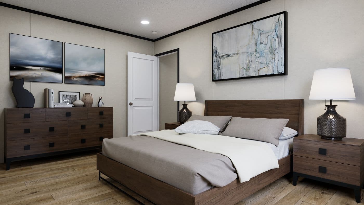 The 7016-CC01 CORNERSTONE 70 Primary Bedroom. This Manufactured Mobile Home features 3 bedrooms and 2 baths.