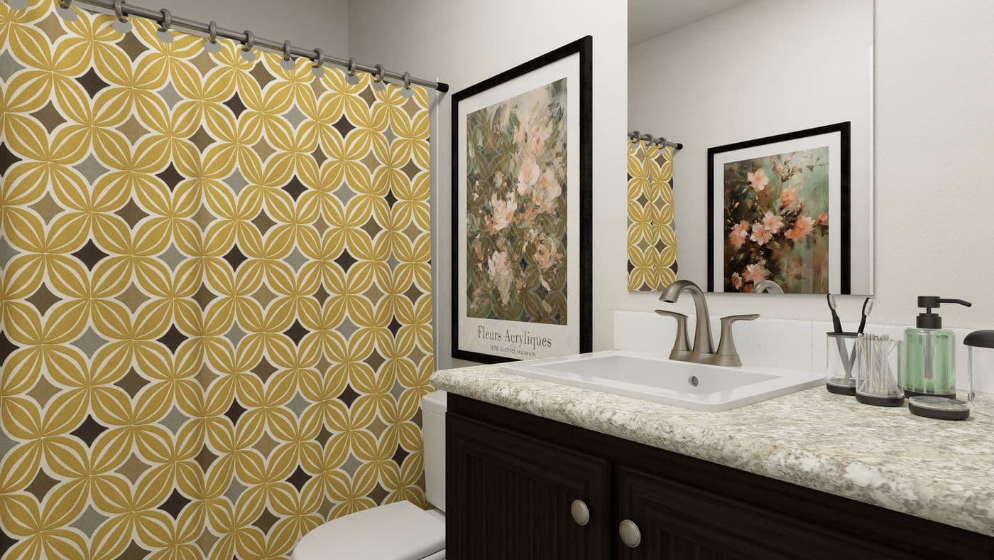 The SLE 561F Guest Bathroom. This Manufactured Mobile Home features 3 bedrooms and 2 baths.