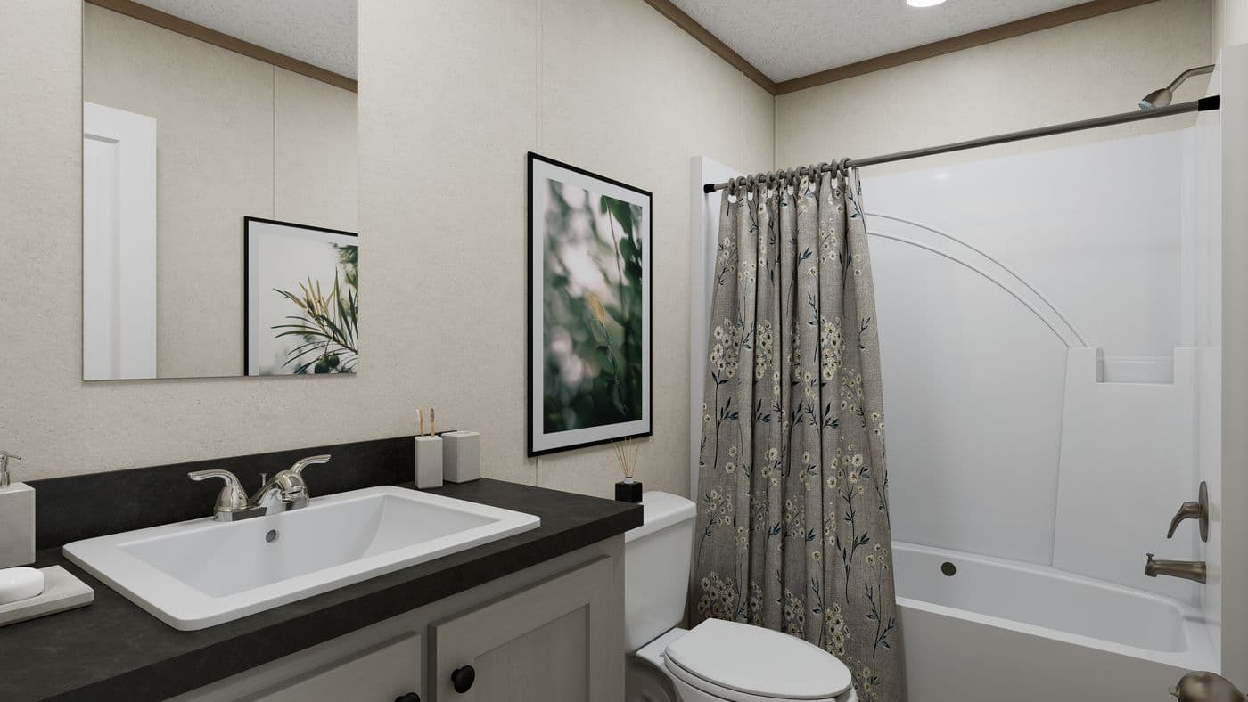 The 4814-CC04 RESOLVE 48 Primary Bathroom. This Manufactured Mobile Home features 2 bedrooms and 1 bath.