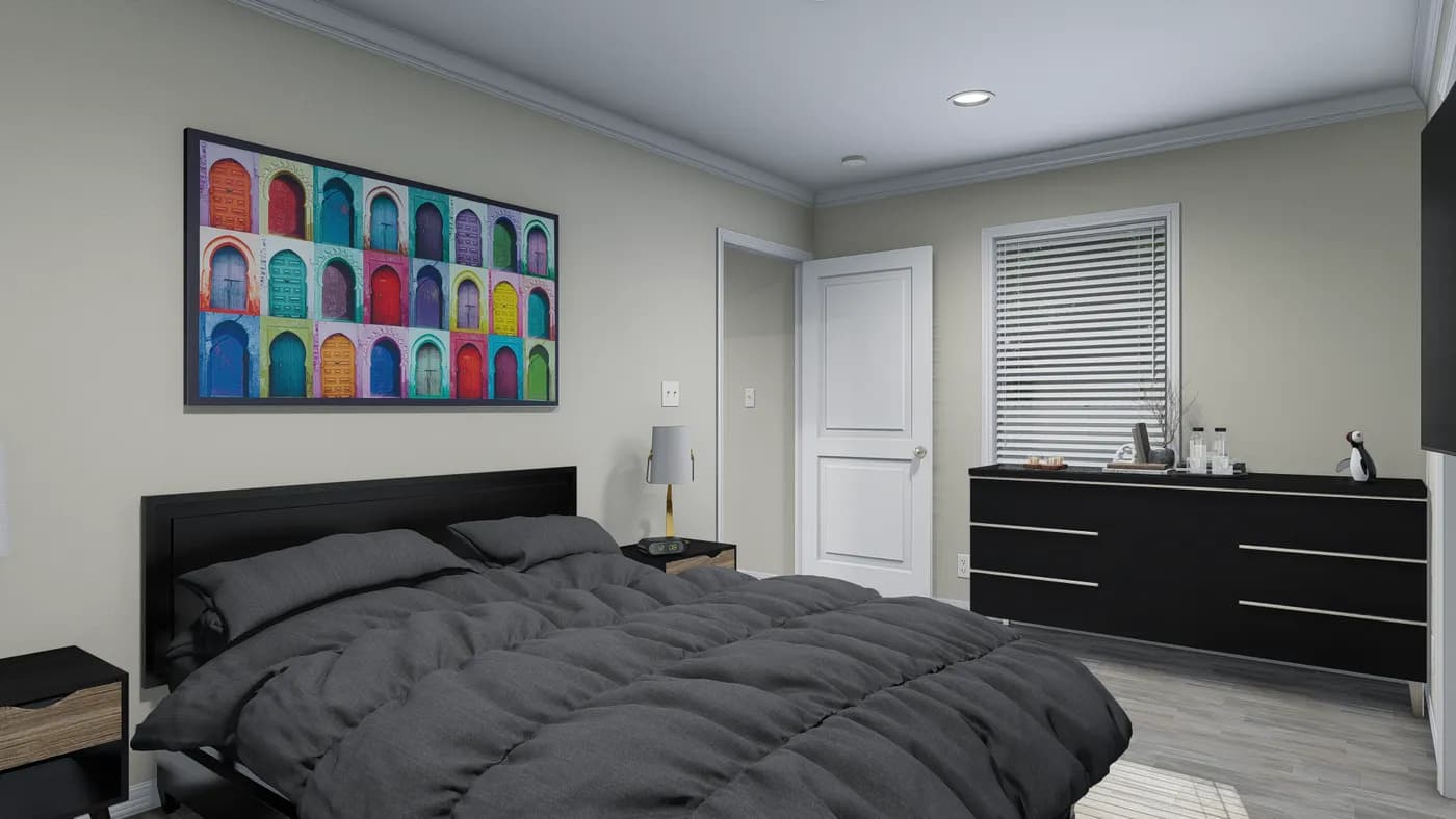 The 5400 "WILDWOOD" 58'4X16 Primary Bedroom. This Manufactured Mobile Home features 2 bedrooms and 2 baths.