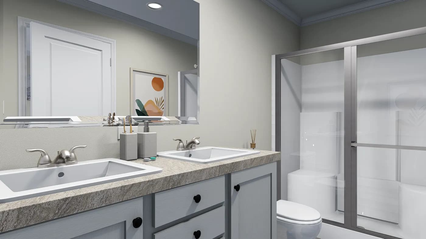 The 4202 "HATTERAS" 6616 Primary Bathroom. This Manufactured Mobile Home features 3 bedrooms and 2 baths.