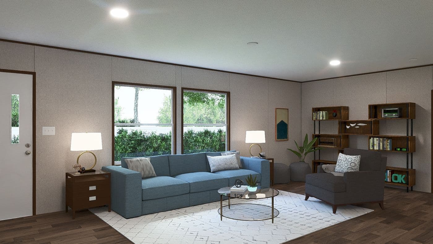 The SPRUCE Living Room. This Manufactured Mobile Home features 3 bedrooms and 2 baths.