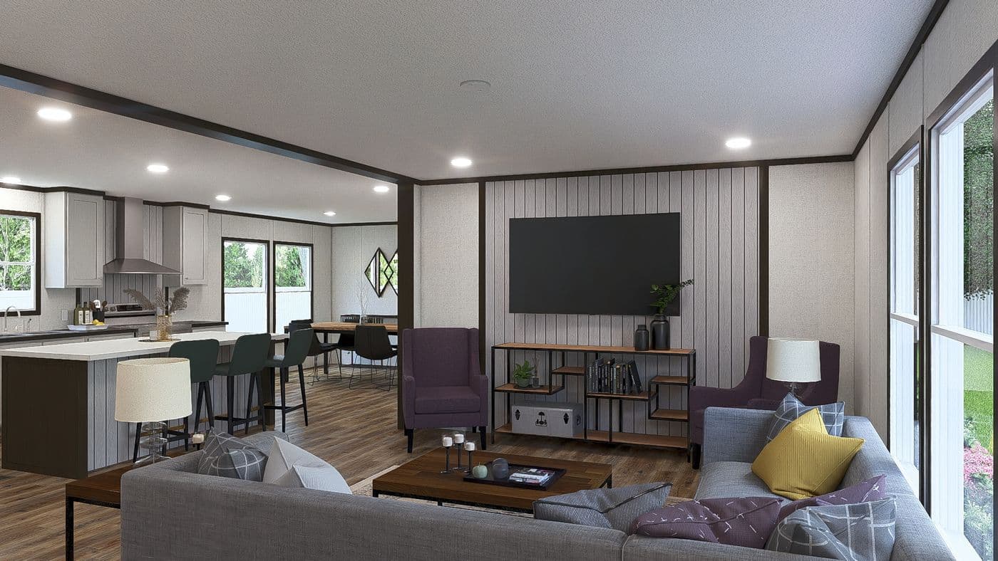 The OCCASION Living Room. This Manufactured Mobile Home features 4 bedrooms and 2 baths.