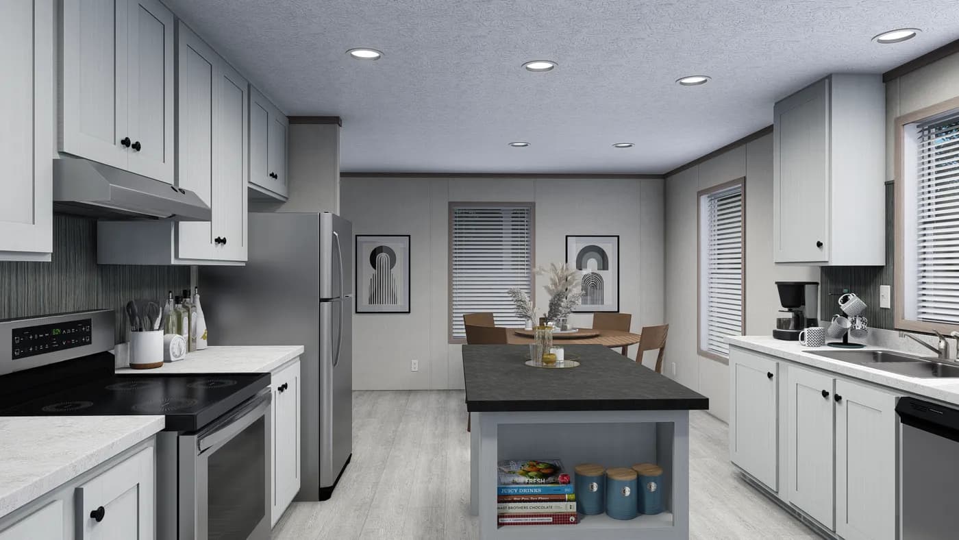 The 5628-E845P THE PULSE Kitchen. This Manufactured Mobile Home features 3 bedrooms and 2 baths.