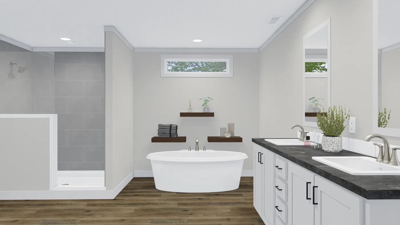 The THE MONTERREY Primary Bathroom. This Manufactured Mobile Home features 4 bedrooms and 3 baths.