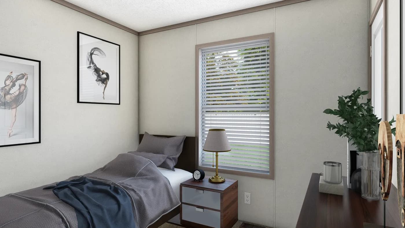 The 7616-4700 THE PULSE Guest Bedroom. This Manufactured Mobile Home features 3 bedrooms and 2 baths.