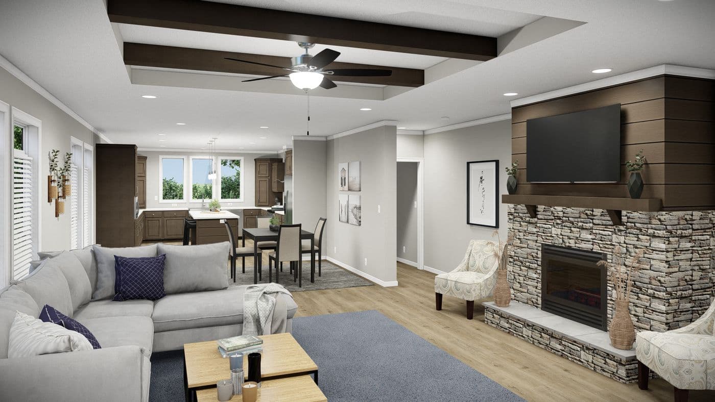 The HUXTON II Living Room. This Manufactured Mobile Home features 4 bedrooms and 2 baths.