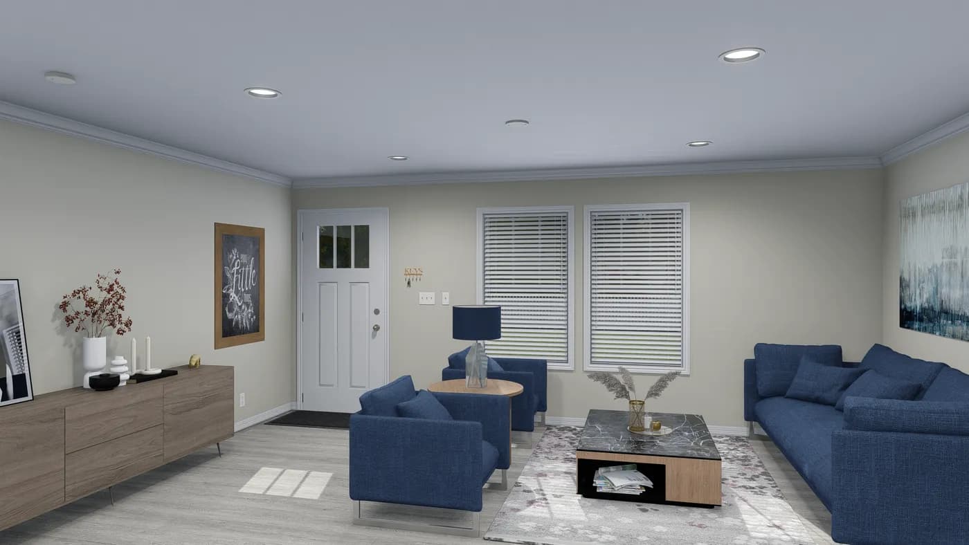 The 5425 "RIDGE" 7628 Living Room. This Manufactured Mobile Home features 4 bedrooms and 2 baths.