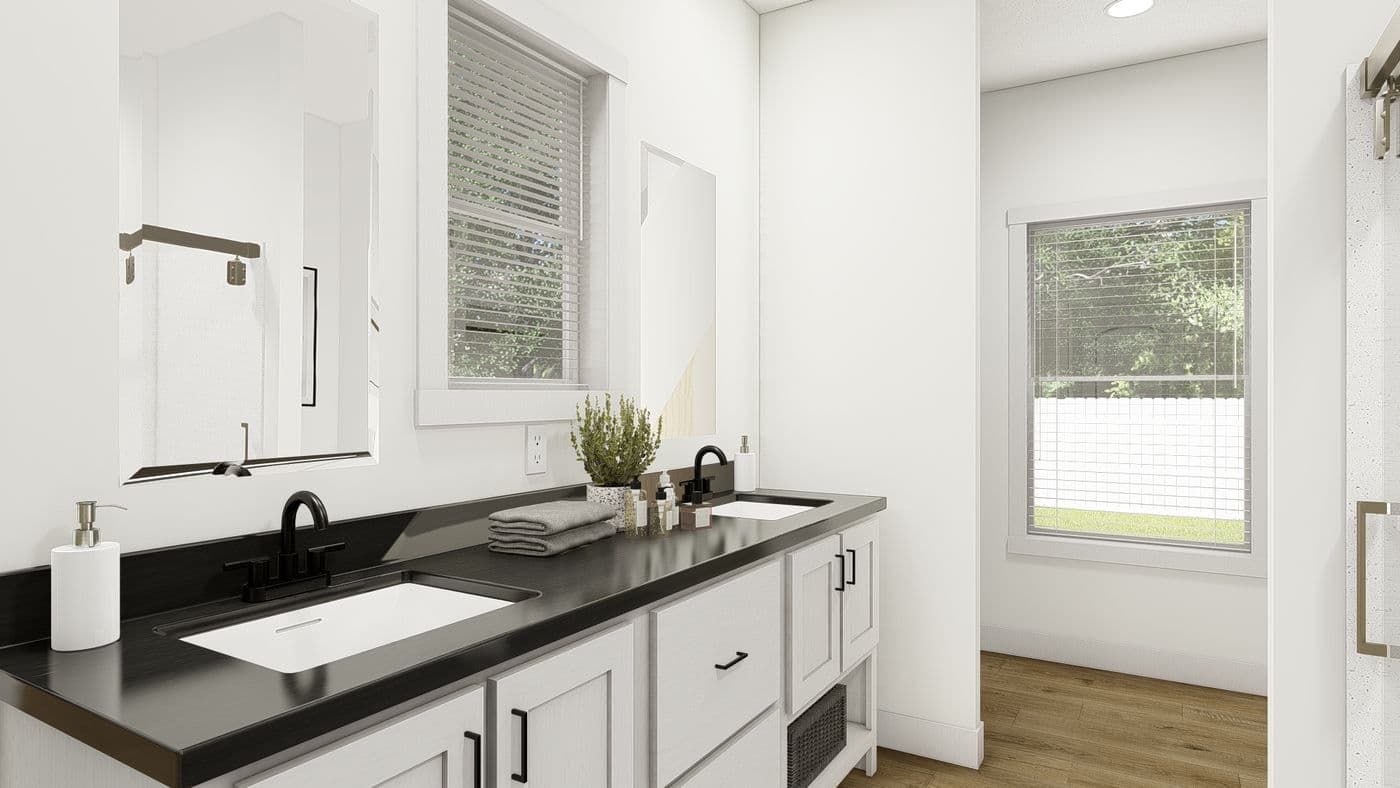 The HRR-2860-4C           ZEPPELIN Primary Bathroom. This Manufactured Mobile Home features 4 bedrooms and 2 baths.