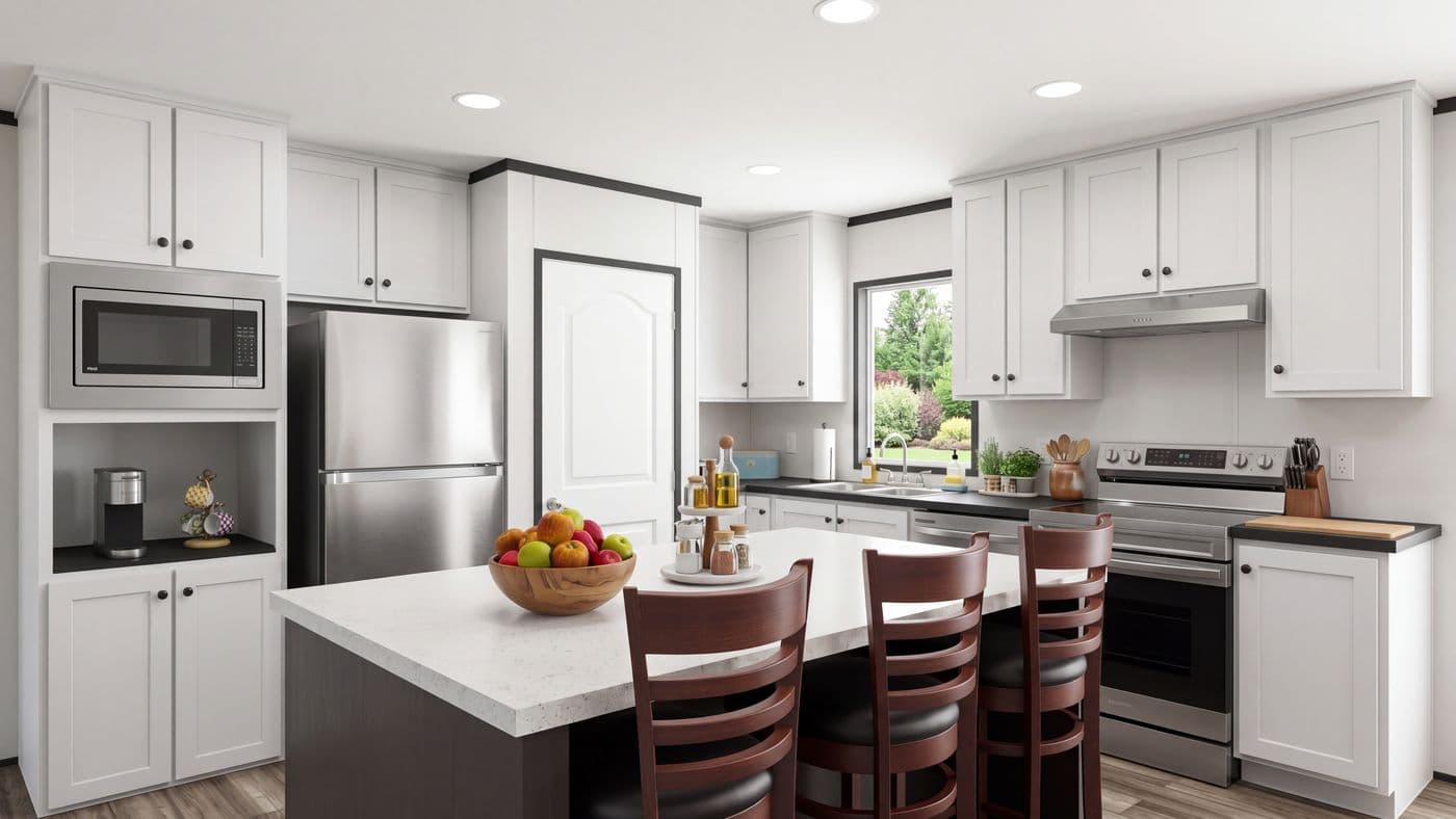 The THE MOUNTAINEER 56 Kitchen. This Manufactured Mobile Home features 3 bedrooms and 2 baths.
