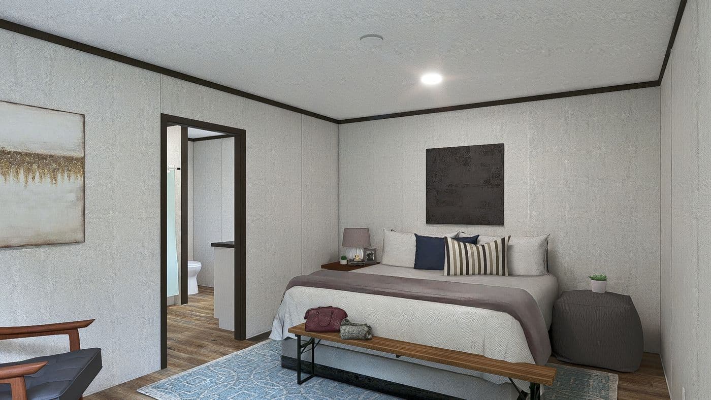 The ESSENCE Primary Bedroom. This Manufactured Mobile Home features 3 bedrooms and 2 baths.