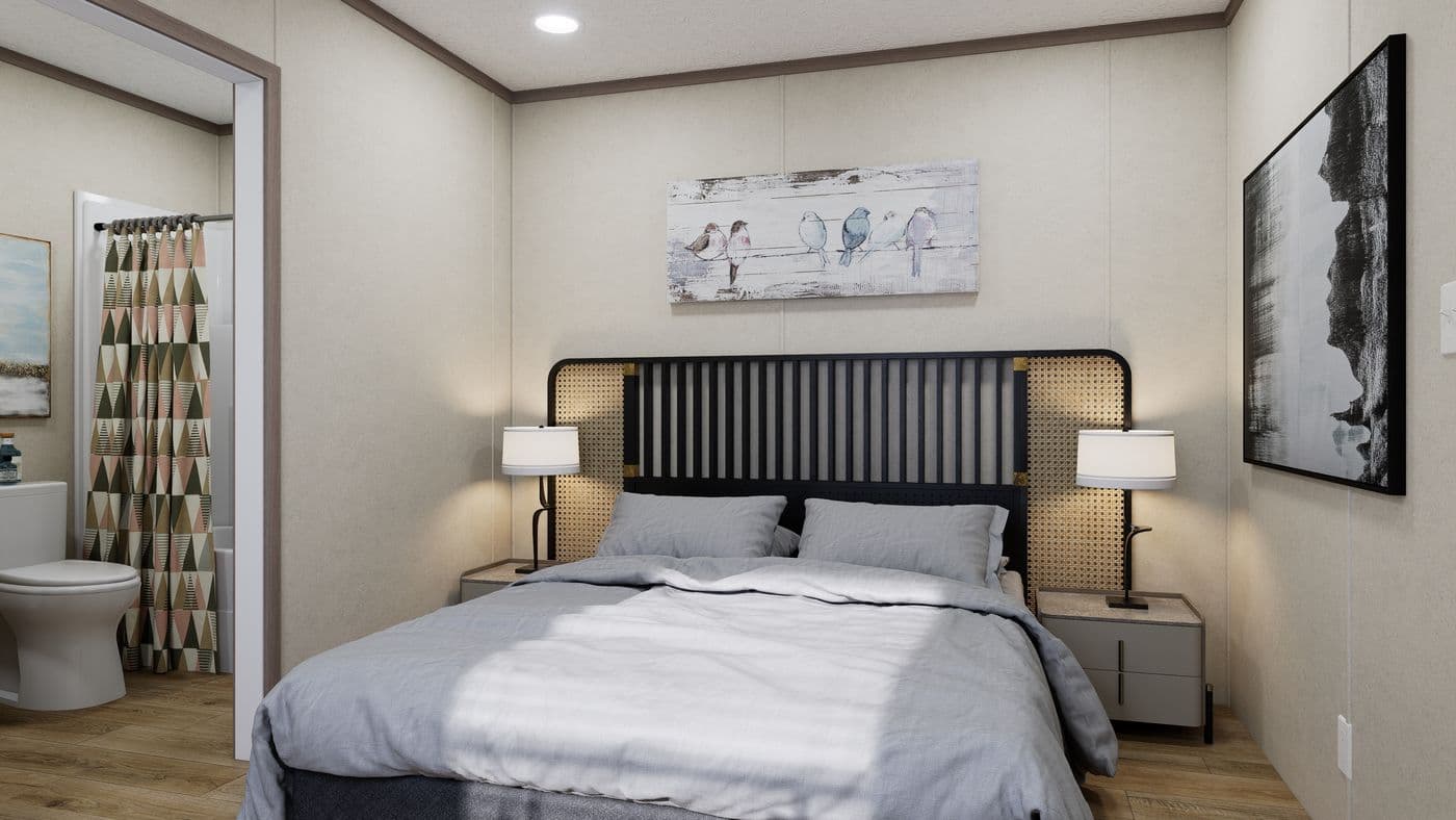 The 6614-CC02 CLEARPATH 66 Primary Bedroom. This Manufactured Mobile Home features 3 bedrooms and 2 baths.