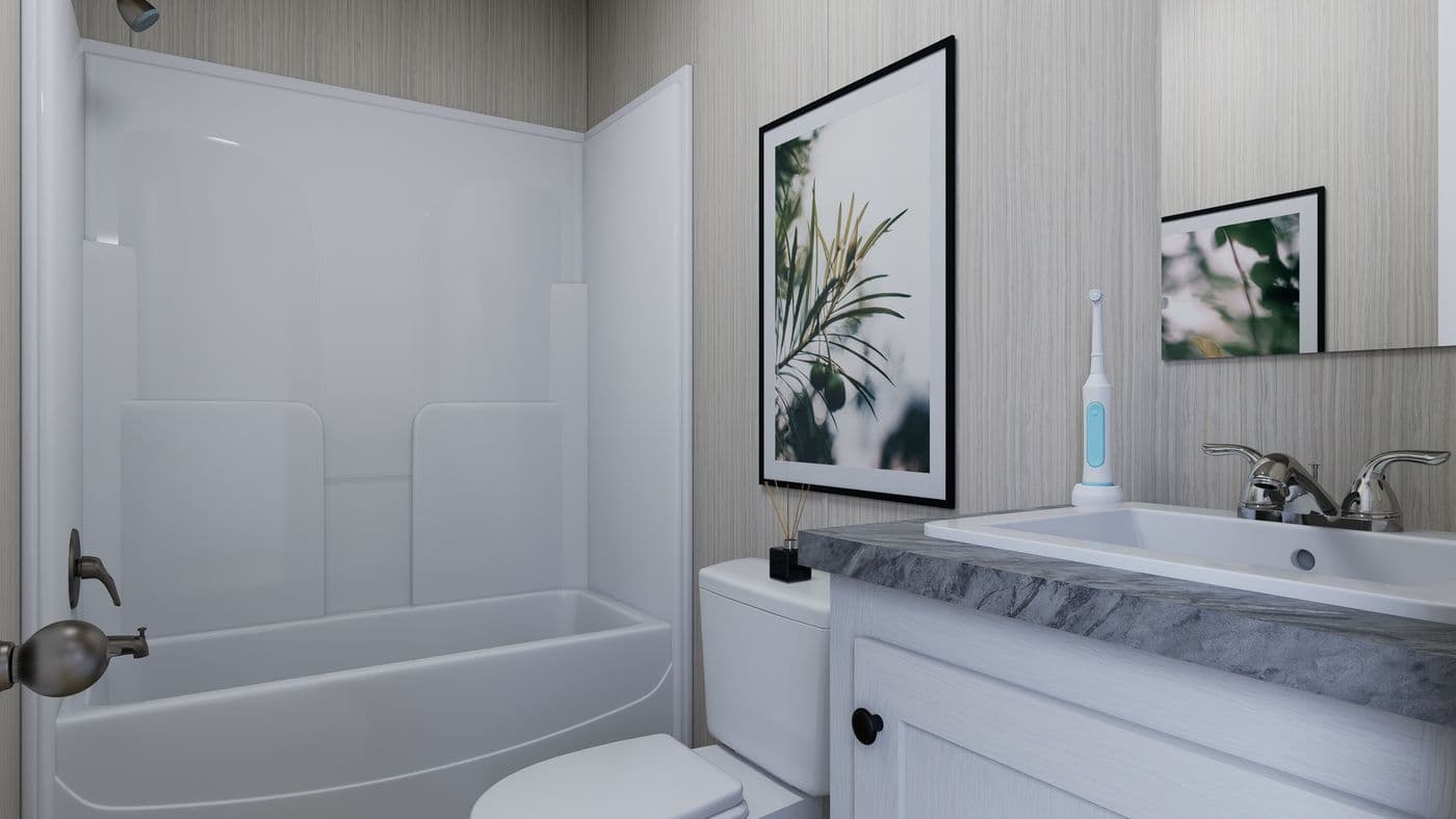 The FOOTHILLS 56 Guest Bathroom. This Manufactured Mobile Home features 2 bedrooms and 2 baths.