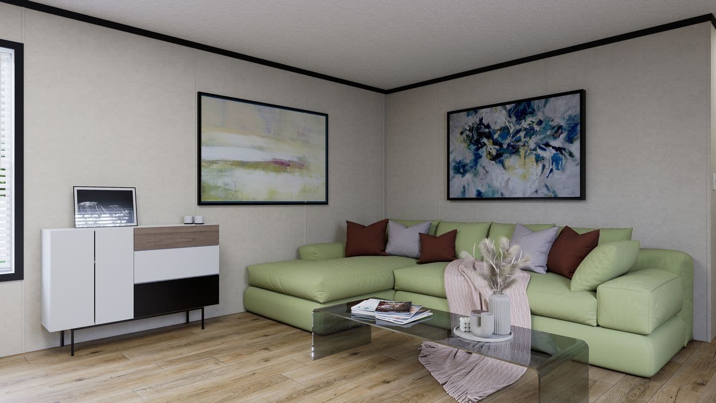 The 7016-CC01 CORNERSTONE 70 Living Room. This Manufactured Mobile Home features 3 bedrooms and 2 baths.