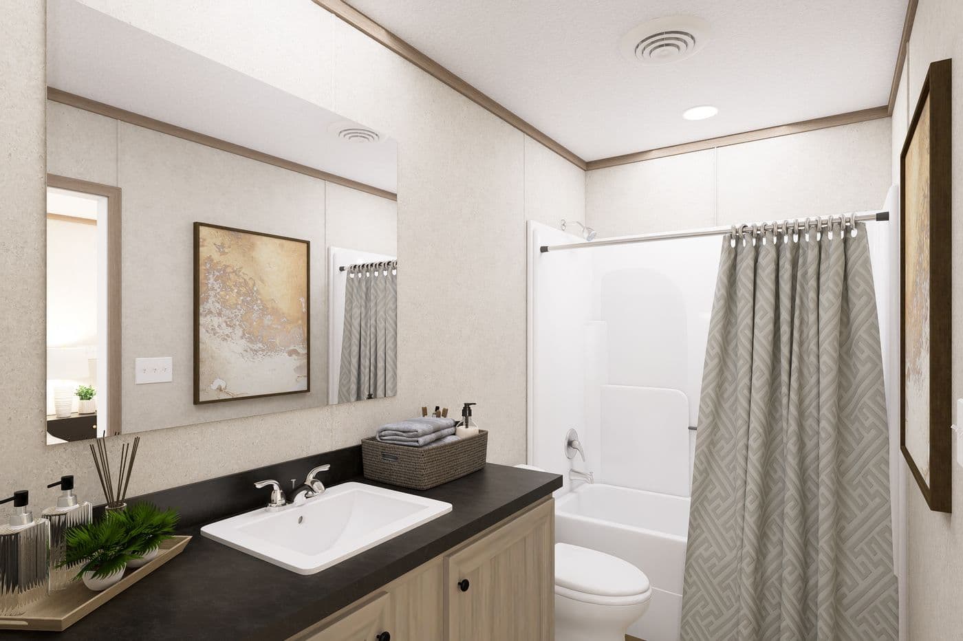 The 7216-CC01 CORNERSTONE 72 Primary Bathroom. This Manufactured Mobile Home features 3 bedrooms and 2 baths.